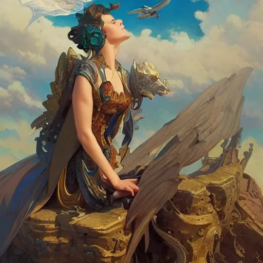 Prompt: plane on the sky d & d fantasy intricate elegant highly detailed digital painting artstation concept art matte sharp focus illustration hearthstone art by artgerm art by greg rutkowski, art by alphonse mucha