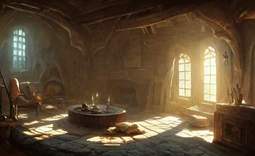 Image similar to painting of an interior of a hidden, cozy ring - shaped living quarters overlooking the great room, well maintained, clean, medieval, fantasy genre, natural light, fantasy, natural light, concept art, by greg rutkowski and craig mullins, cozy atmospheric and cinematic lighting, trending on artstation