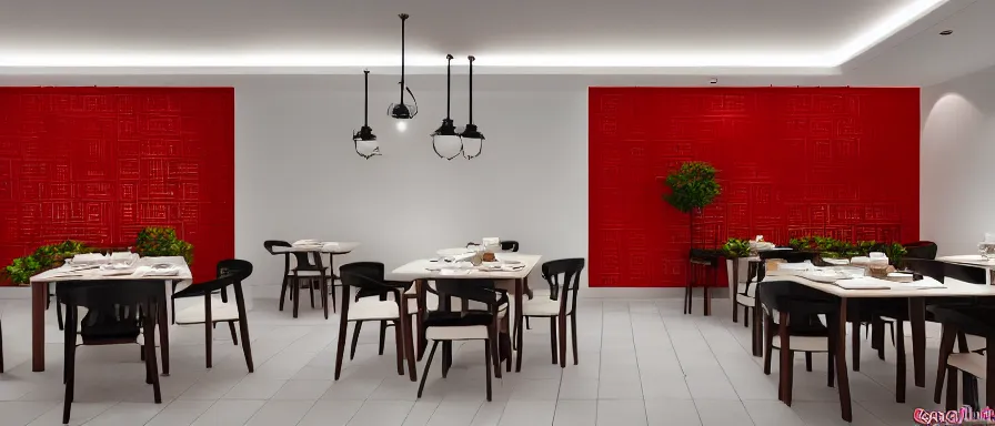 Image similar to a beautiful simple interior render of small roasted string hotpot restaurant restaurant yan'an, wall corner, from china, red paper wall and white tile floor, rectangle white porcelain table, black chair, fine simple delicate structure, chinese style, simple composition, simple style structure decoration design, victo ngai, 4 k hd