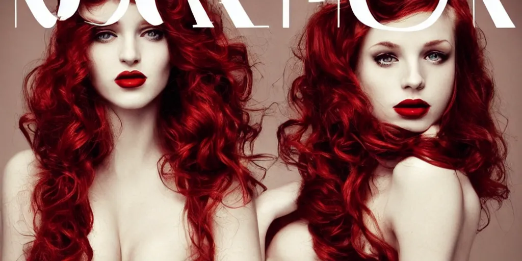 Prompt: perfect glamour model, long red wavy hair, perfect lips, pale skin, symmetrical face, dramatic, night, magazine cover, strong, photographic