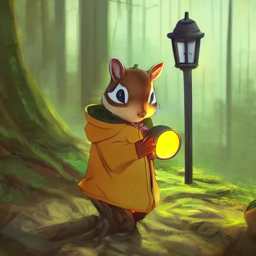 Image similar to concept art painting of an anthropomorphic anime chipmunk wearing a yellow cloak, holding a lantern, in the deep forest, realistic, detailed, cel shaded, in the style of makoto shinkai and greg rutkowski and james gurney