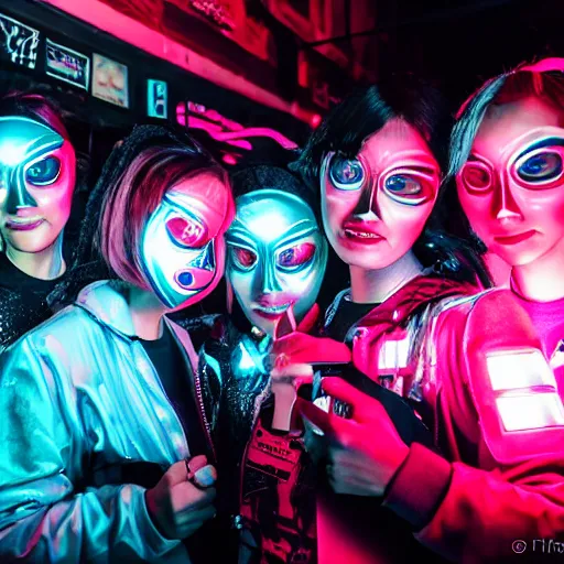 Prompt: photograph of a retro techwear female group near the bar of a packed busy rundown nightclub, lots of people, sharp and sparkly masks, retrofuturism, brutalism, cyberpunk, sigma 85mm f/1.4, 15mm, 35mm, tilted frame, long exposure, 4k, high resolution, 4k, 8k, hd, wide angle lens, highly detailed, full color, harsh light and shadow, film grain