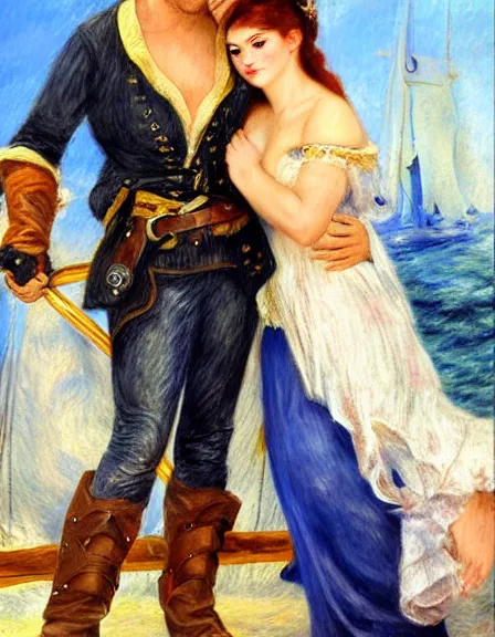 Prompt: couple in love. fully clothed armed female pirate captain with a male pirate partner, sun, summer, blue eyes, beauty, wisdom, love, strength, knowledge, smart, portrait, symmetrical, highly detailed, digital painting, artstation, smooth, sharp focus, illustration, strength, art by renoir and louis theophile hingre. 8 k
