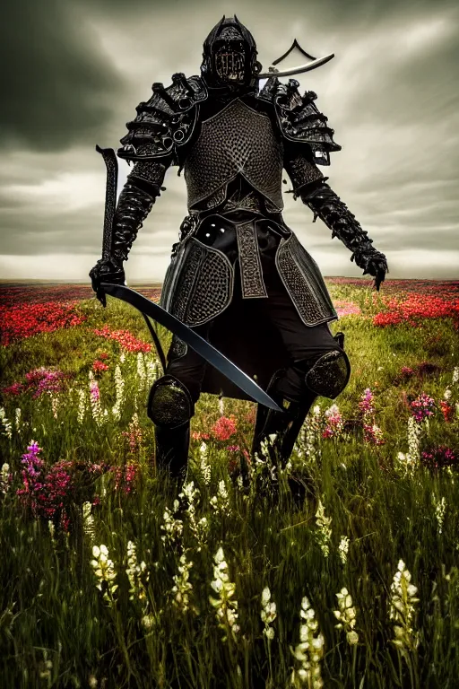 Prompt: hyperrealistic neo - gothic cinematic monster with armor holding sword in a field of flowers, highly detailed smooth digital art masterpiece, vitaly bulgarov dramatic low light, ground angle uhd 8 k, sharp focus