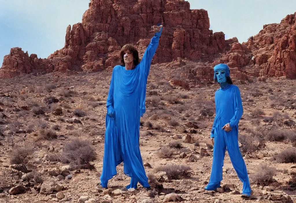 Prompt: mick jagger dressed in blue costume with jewels in a dry rocky desert landscape with ultradetailed alien complex city designed by giger and giant alien spaceship in the background, by christopher doyle and alejandro jodorowsky and giger, anamorphic lens, kodakchrome, cinematic composition, masterpiece, 8 k