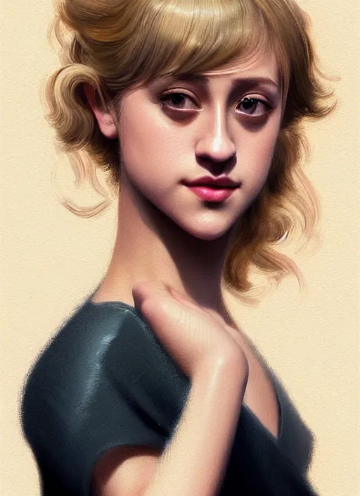 Image similar to portrait of lili reinhart with fluffy bangs, bangs, 1 9 6 0 s, ponytail, curly bangs and ponytail, rounder face, intricate, elegant, glowing lights, highly detailed, digital painting, artstation, concept art, smooth, sharp focus, illustration, art by wlop, mars ravelo and greg rutkowski