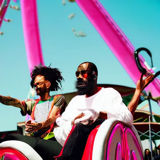Image similar to death grips riding tilt - a - whirl at a carnival, eating cotton candy, mc ride, zach hill, andy morin,