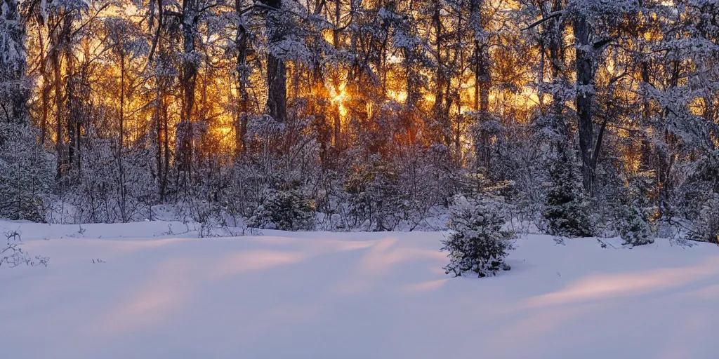 Image similar to forest covered in snow, golden hour, photorealistic, 4k,