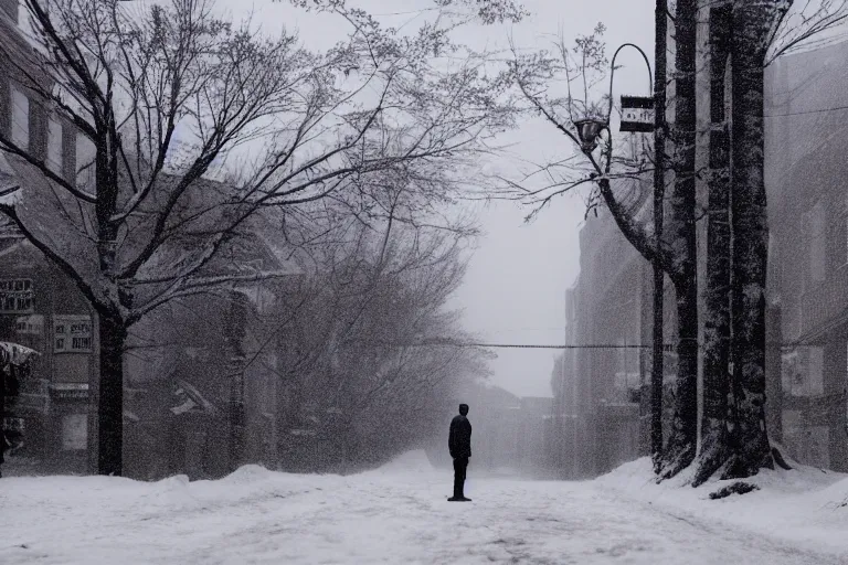 Image similar to Mysterious man standing in the middle of a snowy street photo by Gregory Crewdson,