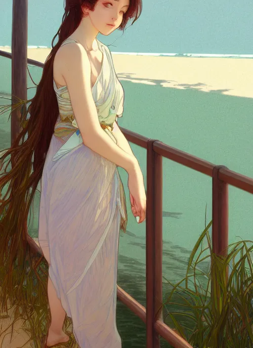 Image similar to pretty young woman leaning against the railing at the beach, path traced, highly detailed, high quality, digital painting, by studio ghibli and alphonse mucha, leesha hannigan, makoto shinkai, disney