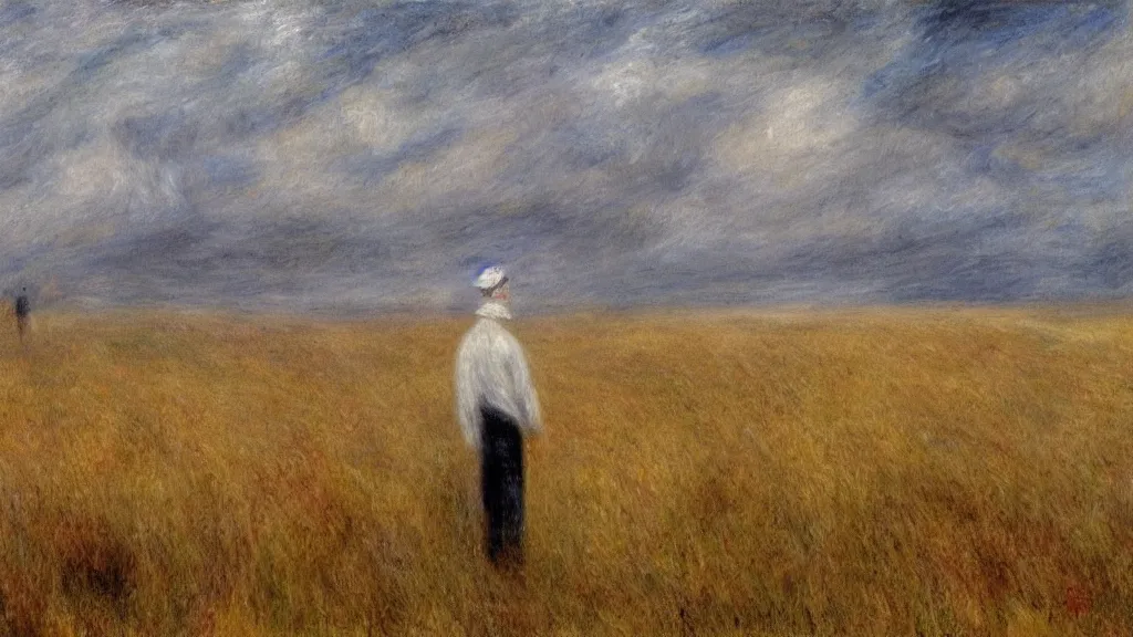 Image similar to a the grim reaper standing in a foggy wheat field in style of pierre - auguste renoir,, fine details,