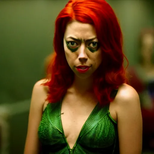 Image similar to film still of !!!Aubrey Plaza!!! as Poison Ivy in The Dark Knight, !!green skin!!, 4k