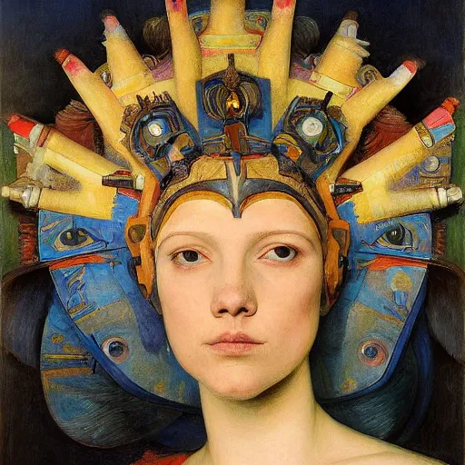 Image similar to the young robot queen with her feathered bird mask, by annie swynnerton and diego rivera and elihu vedder, symbolist, dramatic lighting, elaborate geometric ornament, head and shoulders view, art brut, soft cool colors, smooth, sharp focus, extremely detailed, adolf wolfli and donato giancola