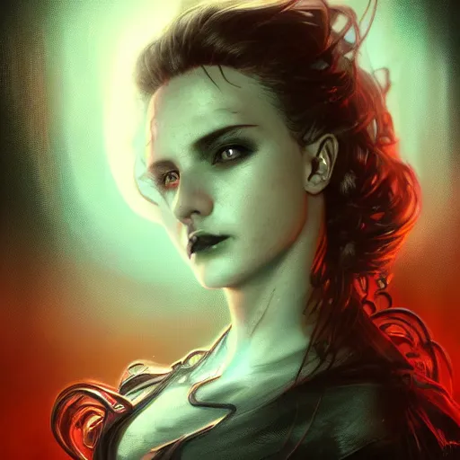 Prompt: Portrait of a dark witch using technology, dystopian, dark filaments, red glowing eyes, menacing, intimidating, frightening, intricate, headshot, highly detailed, digital painting, artstation, concept art, sharp focus, cinematic lighting, illustration, art by artgerm and greg rutkowski, alphonse mucha, cgsociety