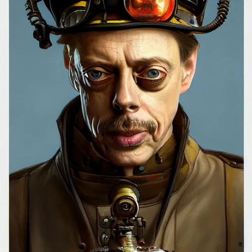 Image similar to Steve Buscemi as a steampunk firefighter, intricate, highly detailed, digital painting, artstation, concept art, sharp focus, illustration, art by greg rutkowski and alphonse mucha