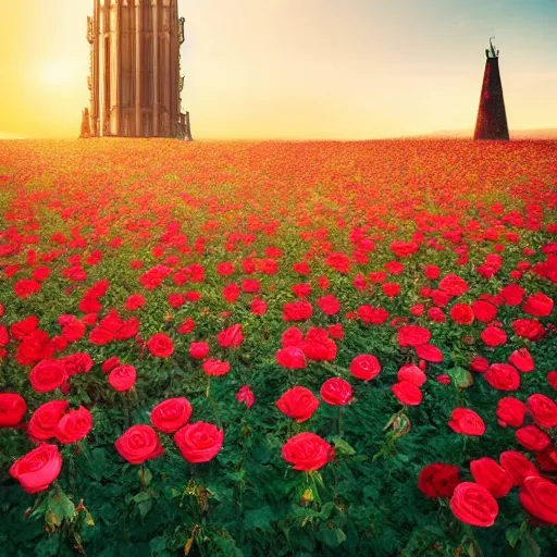 Image similar to photo of a beautiful field of roses with a dark tower in the center. golden hour. photorealism. 4 k. national geographic. dof