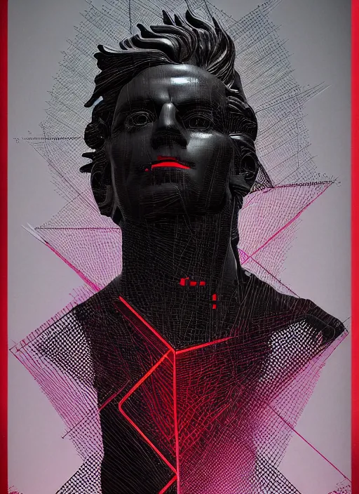 Prompt: dark design poster showing a close up of a statue of achilles, black background with very subtle red and purple design elements, powerful, nekro, vito acconci, thin straight lines, dark, glitch art, neo vaporwave, gritty, layout frame, square, extremly detailed, trending on artstation