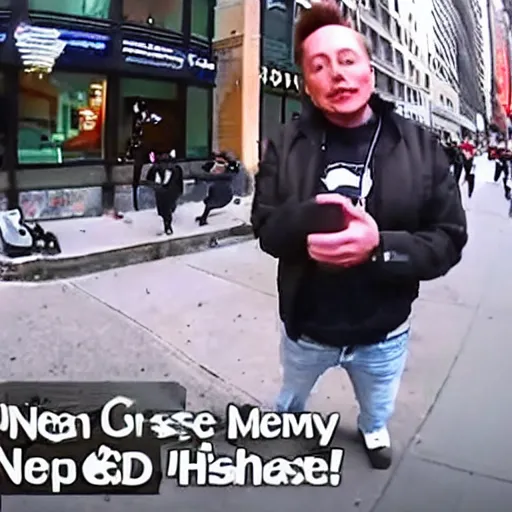 Image similar to bodycam footage of a homeless elon musk going crazy and scamming people, new york streets, wide angle, fisheye, uhd, 4 8 0 p, bodycam, paparazzi, bad quality, pov