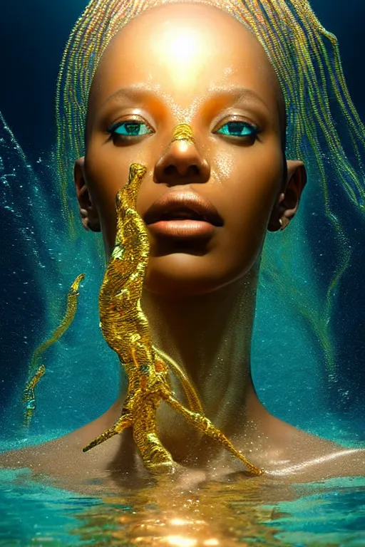 Image similar to hyperrealistic cinematic half underwater scene very expressive! translucent elegant african goddess full body, gold jewerly, highly detailed face, digital art masterpiece, aykut aydogdu eric zener, dramatic volumetric light, long shot, low angle uhd 8 k, sharp focus