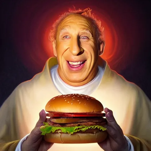Prompt: portrait of Mel Brooks eating hamburgers, extra onions and ketchup, luscious patty with sesame seeds, ethereal, holy sacred light rays, handsome, D&D, fantasy, intricate, elegant, highly detailed, digital painting, artstation, concept art, matte, sharp focus, illustration, art by Artgerm and Greg Rutkowski and Alphonse Mucha