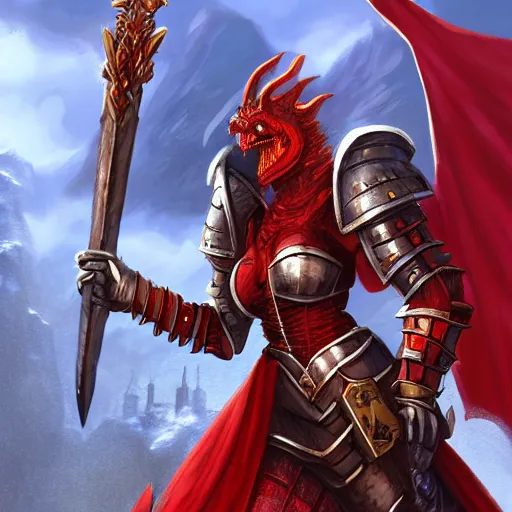 Image similar to A noble female red dragonborn paladin with a halberd heroically posing in front of a castle, fantasy, medieval, cinematic, plate armor, serious expression, 8k, trending on artstation, Bayard Wu, Rudy Siswanto, Sam Santala, In the style of Clint Cearley
