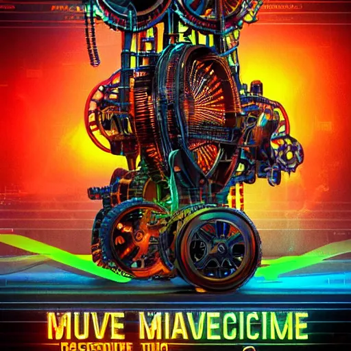 Image similar to movieposter art, movie is called tripmachine, tripmachine, photo of a huge futuristic steampunk machinery made of instruments, 8 k, fluorescent colors, halluzinogenic, multicolored, exaggerated detailed, front shot, 3 d render, octane