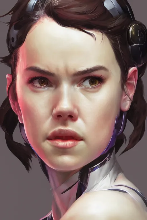 Image similar to Portrait of Daisy Ridley cosplaying as DVA from Overwatch, marvel comics, dark, intricate, highly detailed, smooth, artstation, digital illustration by Ruan Jia and Mandy Jurgens and Artgerm and Wayne Barlowe and Greg Rutkowski and Zdislav Beksinski