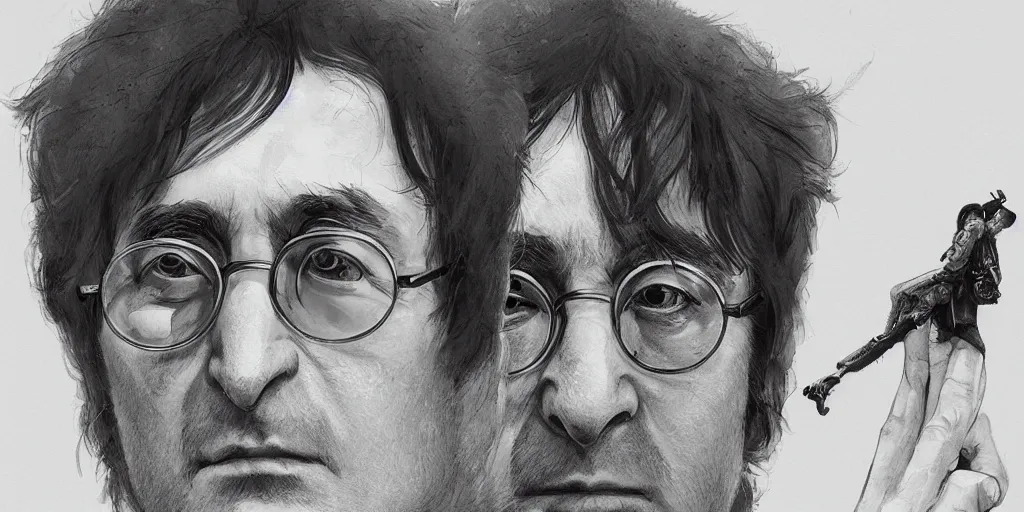 Image similar to John Lennon portrait, kim jung gi style, Greg Rutkowski, Zabrocki, Karlkka, Jayison Devadas, Phuoc Quan, trending on Artstation, 8K, ultra wide angle, zenith view, pincushion lens effect