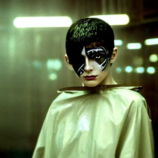 Image similar to cinematic portrait of a runaway replicant with tribal facepaint and a plastic raincoat in an empty room, still from the movie bladerunner, fashion photography