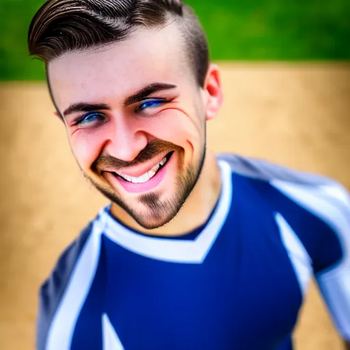 Image similar to a photographic portrait of a young Caucasian man smiling with short brown hair that sticks up in the front, blue eyes, groomed eyebrows, tapered hairline, sharp jawline, wearing a volleyball jersey, sigma 85mm f/1.4, 15mm, 35mm, 4k, high resolution, 4k, 8k, hd, highly detailed, full color, Kodak Kodachrome Film