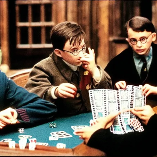 Image similar to harry potter and adolf hitler playing poker in hogwarts