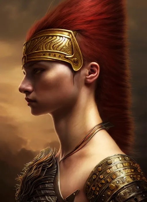 Image similar to a young warrior woman moments before battle in contemplation, diffuse lighting, fantasy, intricate, elegant, highly detailed, lifelike, Rebel, photorealistic, digital painting, artstation, punks, illustration, concept art, smooth, sharp focus, artgerm, by John Collier and Albert Aublet and Leonardo da vinci and Krenz Cushart and Artem Demura and Alphonse Mucha