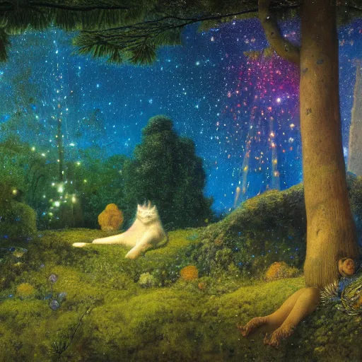 Image similar to psychedelic small cats hidden lush pine forest, outer space, milky way, designed by arnold bocklin, jules bastien - lepage, tarsila do amaral, wayne barlowe and gustave baumann, cheval michael, trending on artstation, star, sharp focus, colorful refracted sparkles and lines, soft light, 8 k 4 k