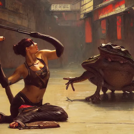 Prompt: a cat fighting frogs ( blade runner 2 0 4 9, dystopian, cyberpunk 2 0 7 7 character design ). orientalist portrait by john william waterhouse and james gurney and theodore ralli and nasreddine dinet, oil on canvas. cinematic, hyper realism, realistic proportions, dramatic lighting, high detail 4 k