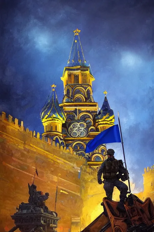 Image similar to special forces soldier installin ukrainian blue and yellow flag on red square kremlin, masculine figure, d & d, fantasy, bright atmosphere, volumetric lights, intricate, elegant, extremely detailed, digital painting, artstation, concept art, matte, smooth, sharp focus, hyper realistic, illustration, art by artgerm and greg rutkowski and alphonse mucha