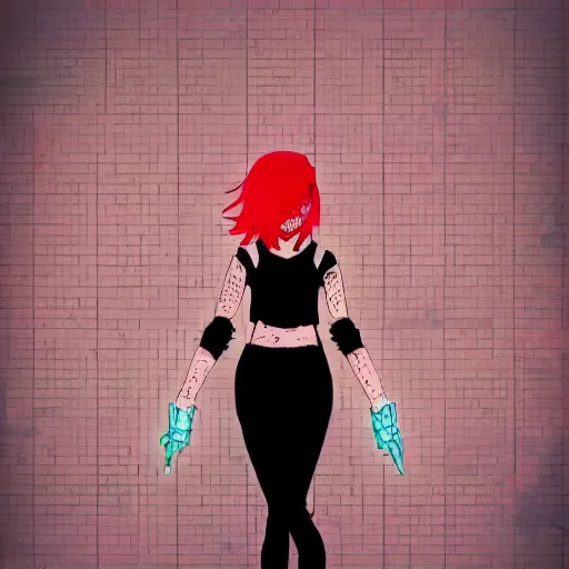 Image similar to Highly detailed portrait of a post-cyberpunk young lady with, freckles and cool hair by Atey Ghailan, by Loish, by Bryan Lee O'Malley, by Cliff Chiang, inspired by image comics, inspired by graphic novel cover art, inspired by nier, inspired by scott pilgrim !! Gradient red, black and white color scheme ((grafitti tag brick wall background)), trending on artstation