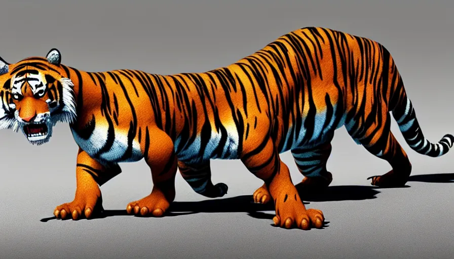 Prompt: tiger and t rex hybrid, realistic cgi render