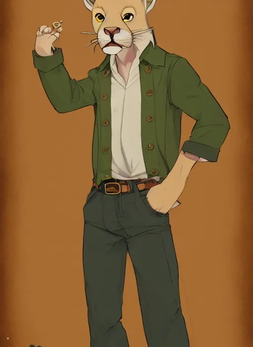 Prompt: character portrait commission of a male anthro albino mountain lion fursona wearing a pale-yellow button down shirt and olive-green slacks in a old-timey saloon. hidari, color page, tankoban, 4K, tone mapping, Akihiko Yoshida. Nomax, Kenket, Rukis. comic book style, photorealistic, professional lighting, hyperdetailed, high resolution, high quality, dramatic, deviantart, artstation, 4k, real photo