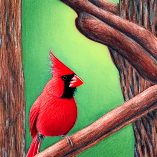 Prompt: Intricate five star Cardinal perched on a branch portrait, Colored pencil on paper, high detail, skin texture, photo realistic, hyperrealism,matte finish, high contrast, 3d depth, masterpiece, vivid and vibrant colors, high contrast, Prismacolor Pencils,artstationhd