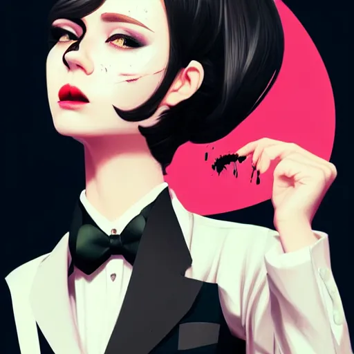 Prompt: cute young professional killer female in black tuxedo, face and shirt stained with blood, muted colors, matte print, pastel colors, 2d, ultra highly detailed, smooth, sharp focus, digital art, digital painting, fan art, elegant, artstation, head is centered, by Ilya Kuvshinov