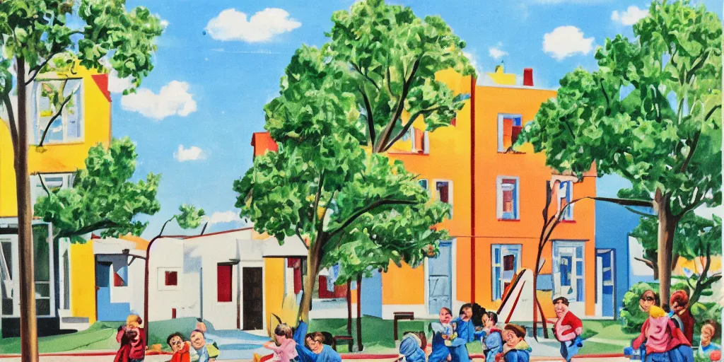 Image similar to 1 9 4 0 s corner of a concrete row house, painted in bright colors, children playing on the street, trees, blue sky, sunny day