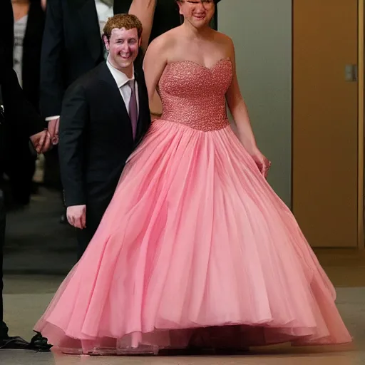 Image similar to mark zuckerberg wearing a poofy pink dress and a tiara