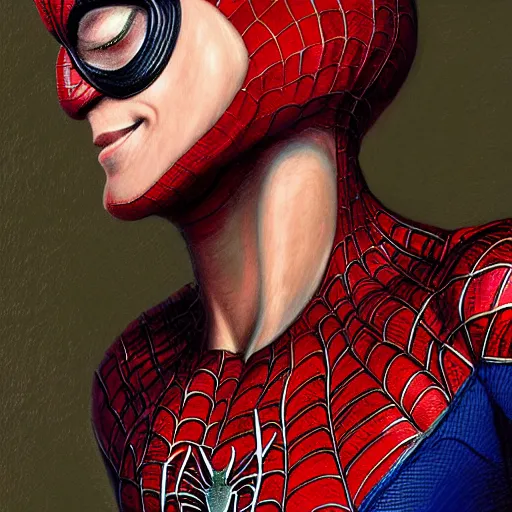 Image similar to portrait of a young spiderman handsome but joyful anthropomorphic parrot, male, masculine, upper body, red hair, long hair, d & d, fantasy, fierce, sharp features, intricate, elegant, highly detailed, digital painting, artstation, concept art, matte, sharp focus, illustration, art by artgerm and greg rutkowski and alphonse mucha