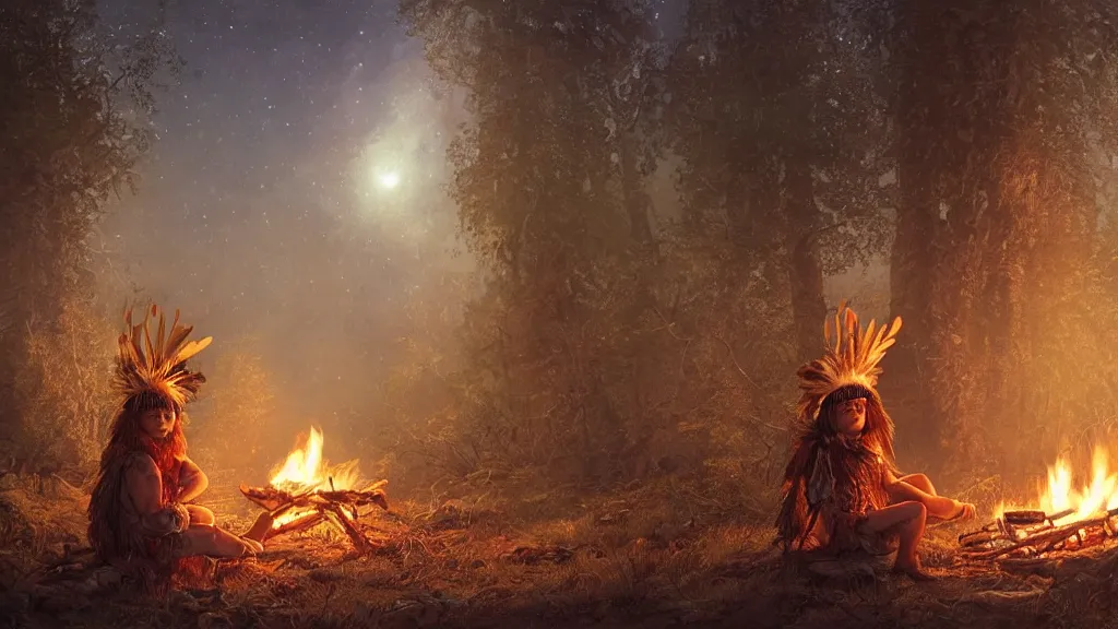 Prompt: highly detailed portrait of a grizzled indigenous child, sitting at a campfire, feathered headdress, traditional clothing, unreal engine, fantasy art by greg rutkowski, ferdinand knab, night, stars, aurora borealis, forest, global illumination, radiant light, detailed and intricate environment