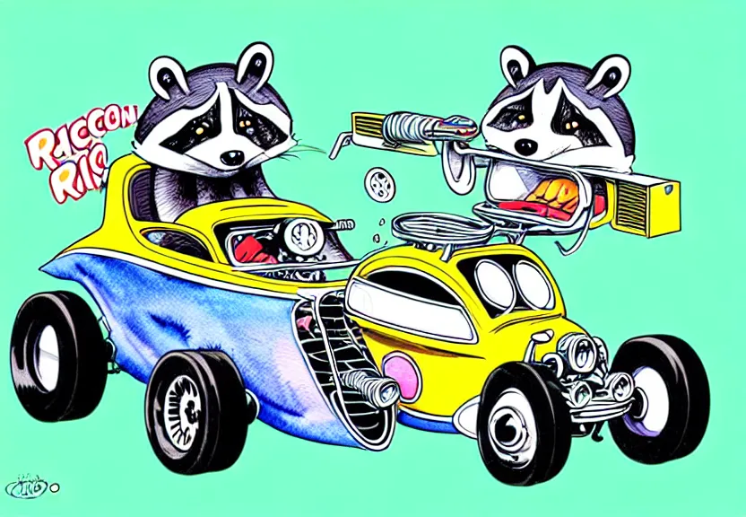 Image similar to cute and funny, racoon with funny expression riding in a tiny hot rod coupe with oversized engine, ratfink style by ed roth, centered award winning watercolor pen illustration, isometric illustration by chihiro iwasaki, edited by range murata