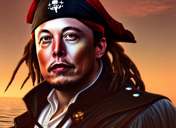 Image similar to highly detailed portrait of Elon Musk as a dread pirate captain, proudly posing at the helm of his frigate wearing a pirate hat, artstation, cinematic lighting, hyperdetailed, cgsociety, 8k, high resolution, insanely detailed and intricate