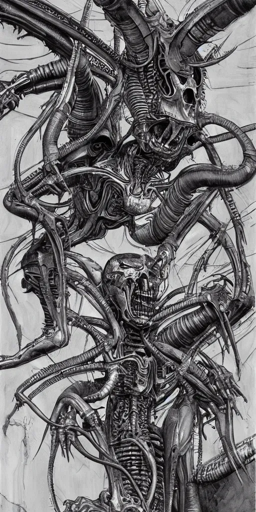 Prompt: oil painting scene from Alien 2 movie Giger art by kim jung gi