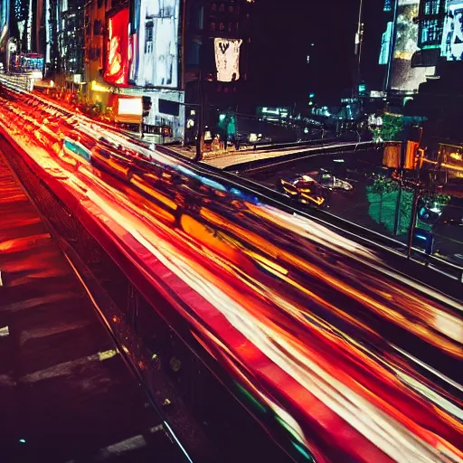 Prompt: futuristic train drives over busy street full of cars in nyc at night, still photo, cinematic lighting