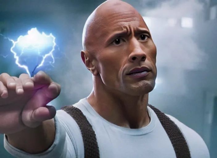 Image similar to film still of dwayne the rock johnson as eleven using psychic powers in the new stranger things movie, 4 k, highly detailed face, detailed eyes