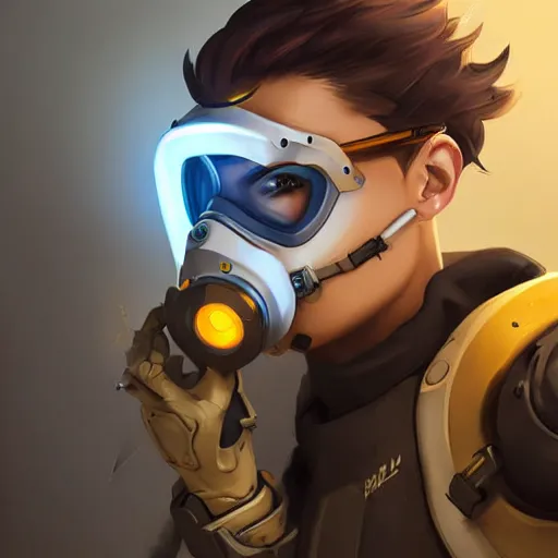 Image similar to overwatch tracer wearing a cyber gas mask, digital art, pretty face, very beautiful face, very detailed eyes, ultra detailed, by woop, greg rutkowski,